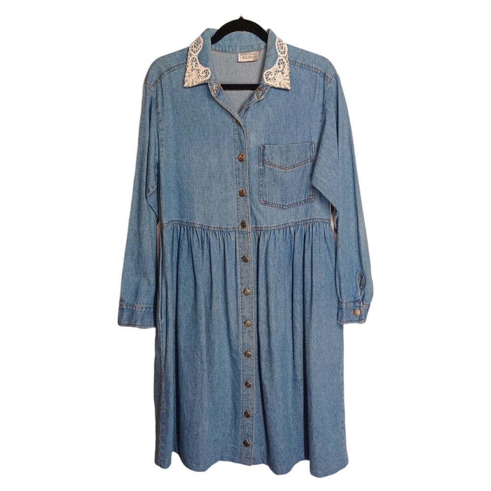 VINTAGE STUDIO Lace Collar Button Front Long Sleeve Light Denim Midi Dress M